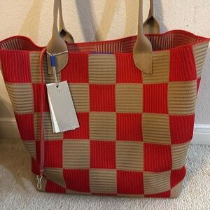 NWT Rothy’s lightweight tote bag in red and tan check pattern, no longer sold